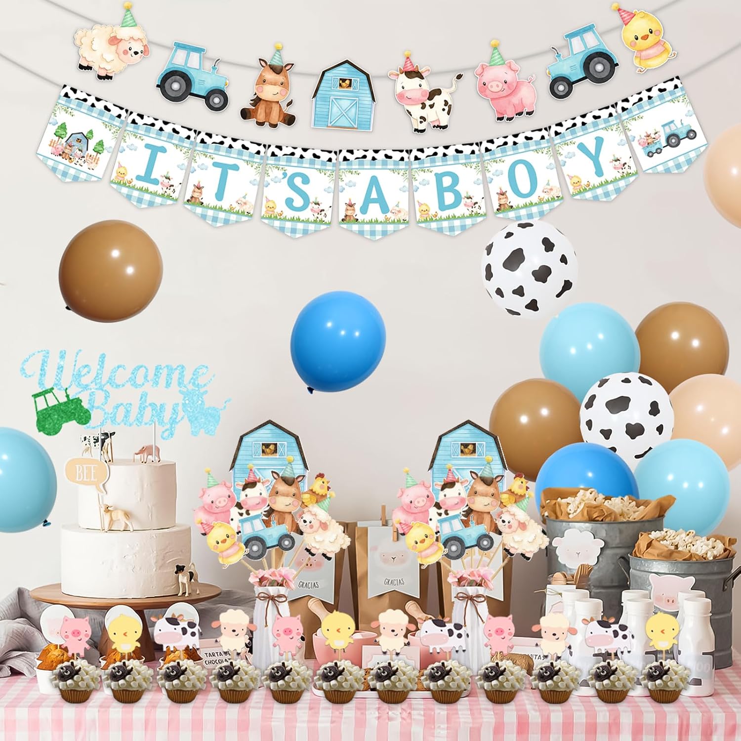 Farm Animal Baby Shower Decorations for Boys Farm Theme It’s Boy Banner and Garland Cake Toppers Baby Blue Balloons Animal Balloons for Barnyard Farm Theme Baby Shower Gender Reveal Supplies