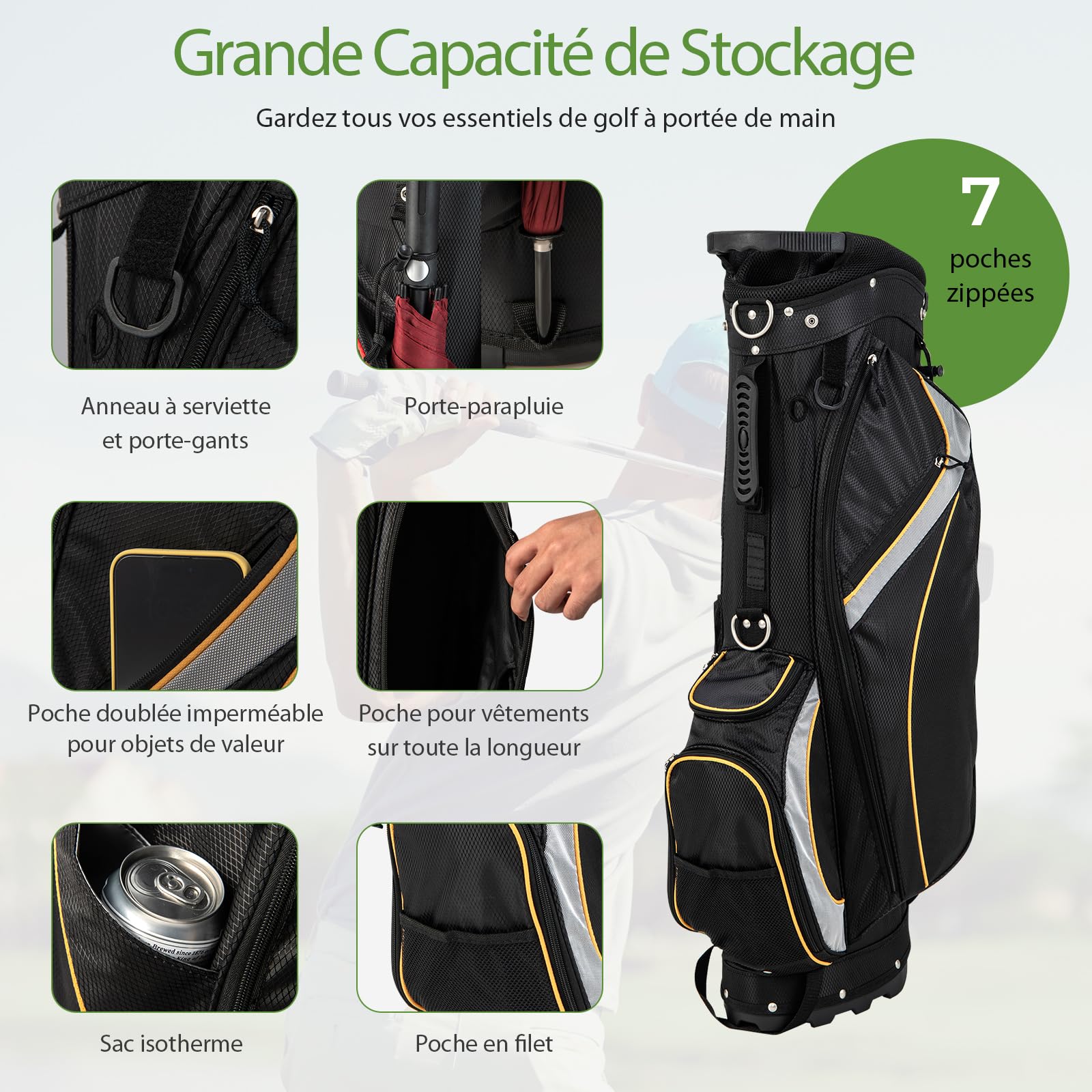 GYMAX Bolsa Trípode de Golf, Bolsa de Golf con 8 Divisores Superiores, 7 Bolsillos con Cremallera, Bolsa Nevera, Doble Correa y Capucha para la Lluvia, 2kg Bolsa de Golf Portátil Ligera