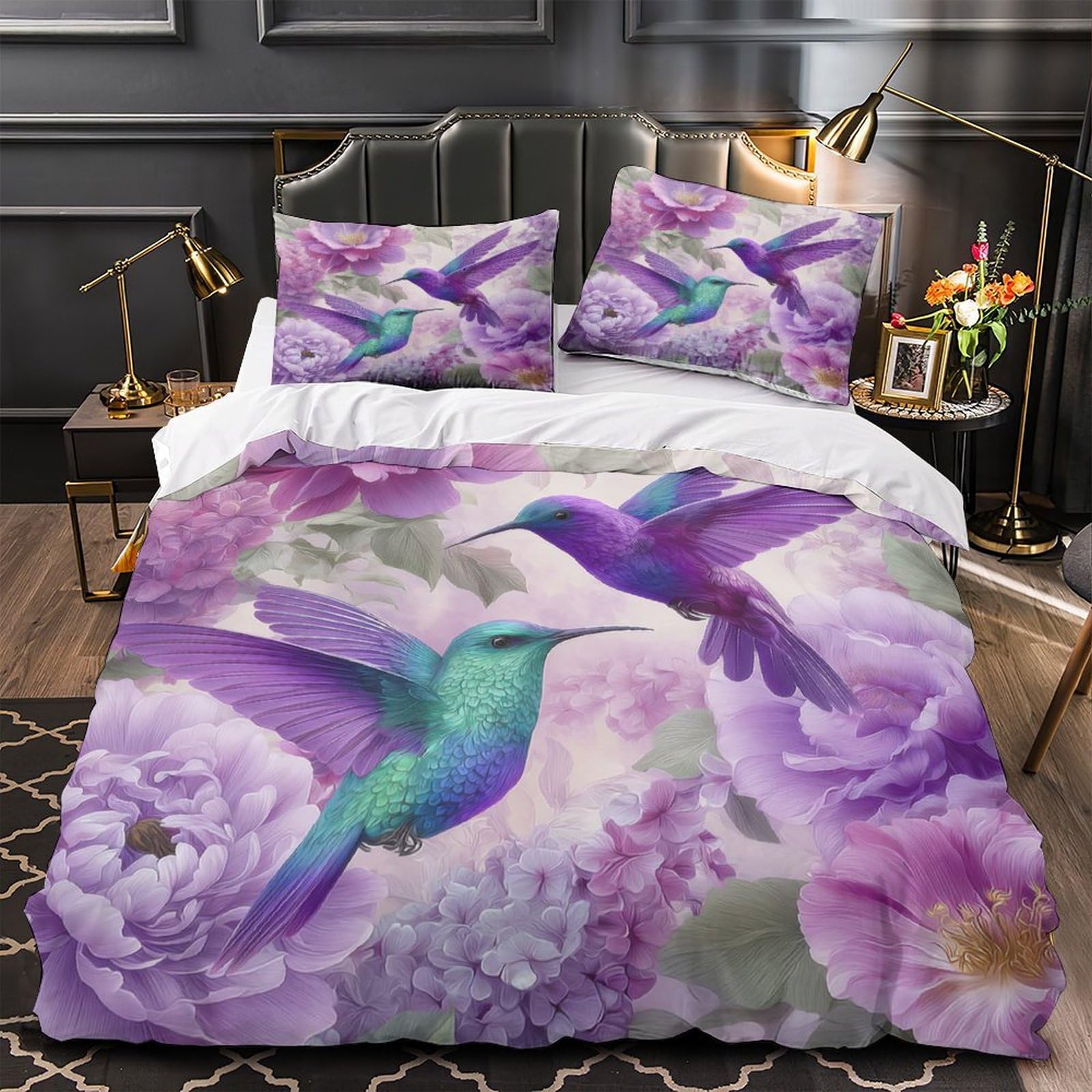 Hummingbirds in Bloom Comforter Cover 3D Print Luxury 3 Pcs Bed Set Hidden Zipper vibrant Floral Quilt Cover Hypoallergenic All Season for Women Teens Kids Girls Boys Youth Teenagers King（220x240cm）