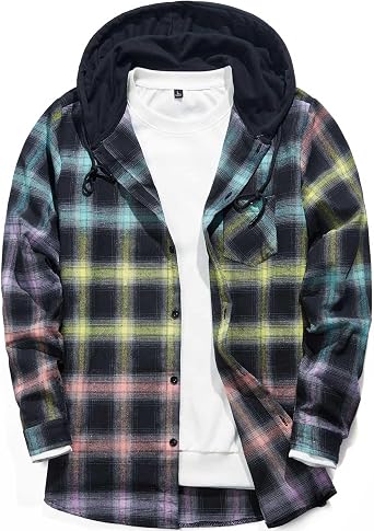 Mens Lightweight Flannel Hoodie Shirts Long Sleeve Plaid Casual Button Down Shirt