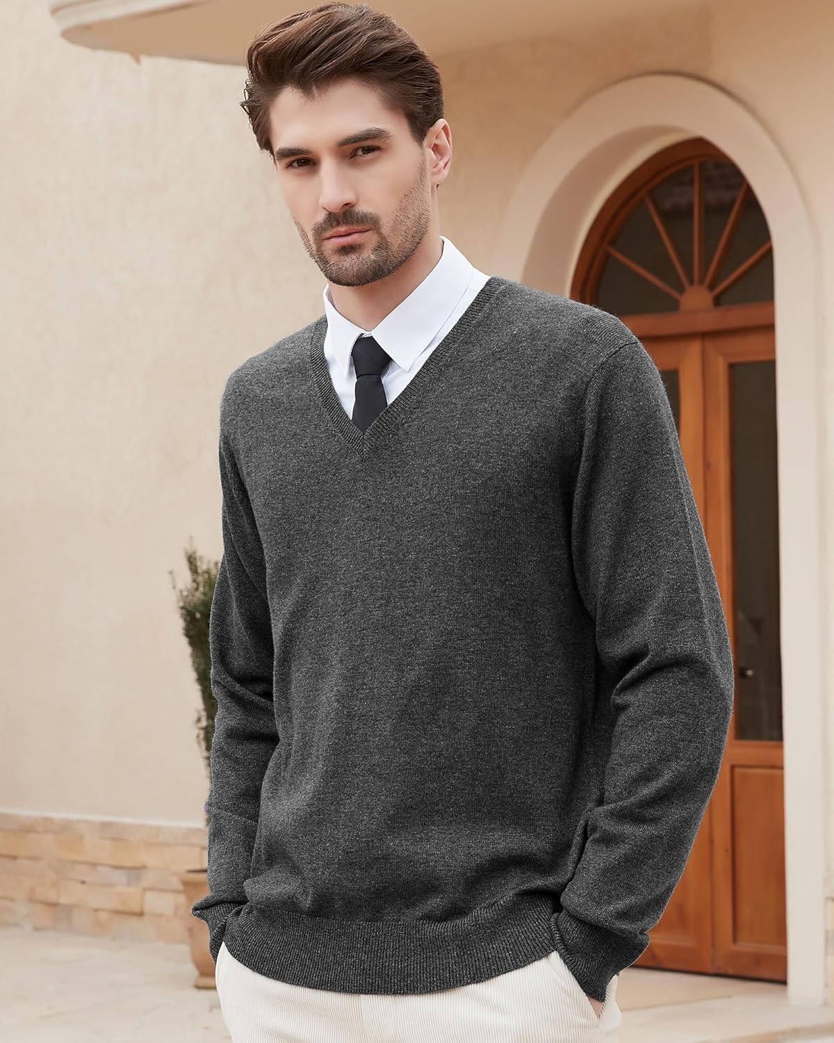 Kallspin Men's Wool Blend V-Neck Sweater Relax Fit Knit Pullover for Fall Winter - Image 5