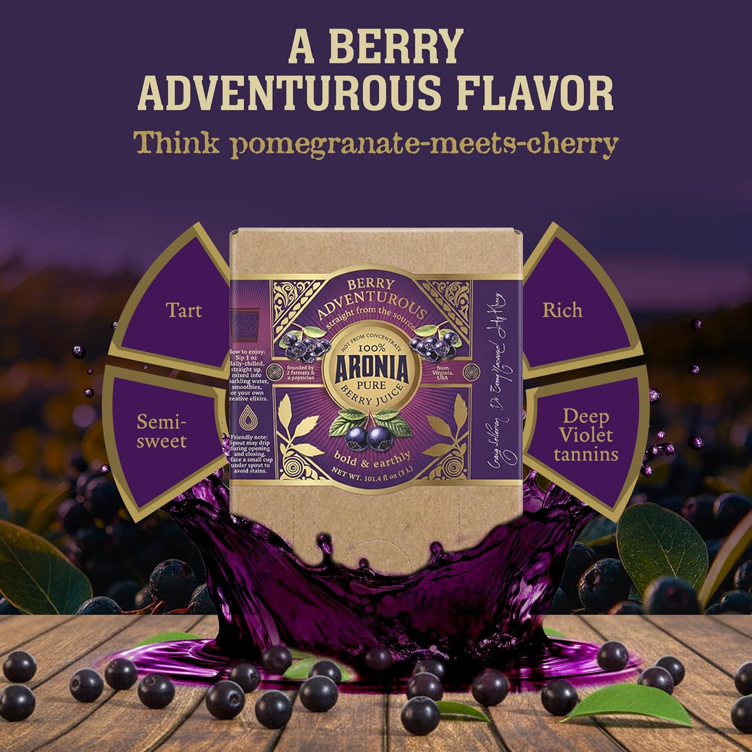 Berry Adventurous 100% Aronia Berry Juice (101 Fl Oz) - USA Grown, Full Strength, Cold Pressed, Semi-Sweet Aronia Juice - Packed with Powerful Antioxidants - Farmer Physician Founded: Viroqua Aronia