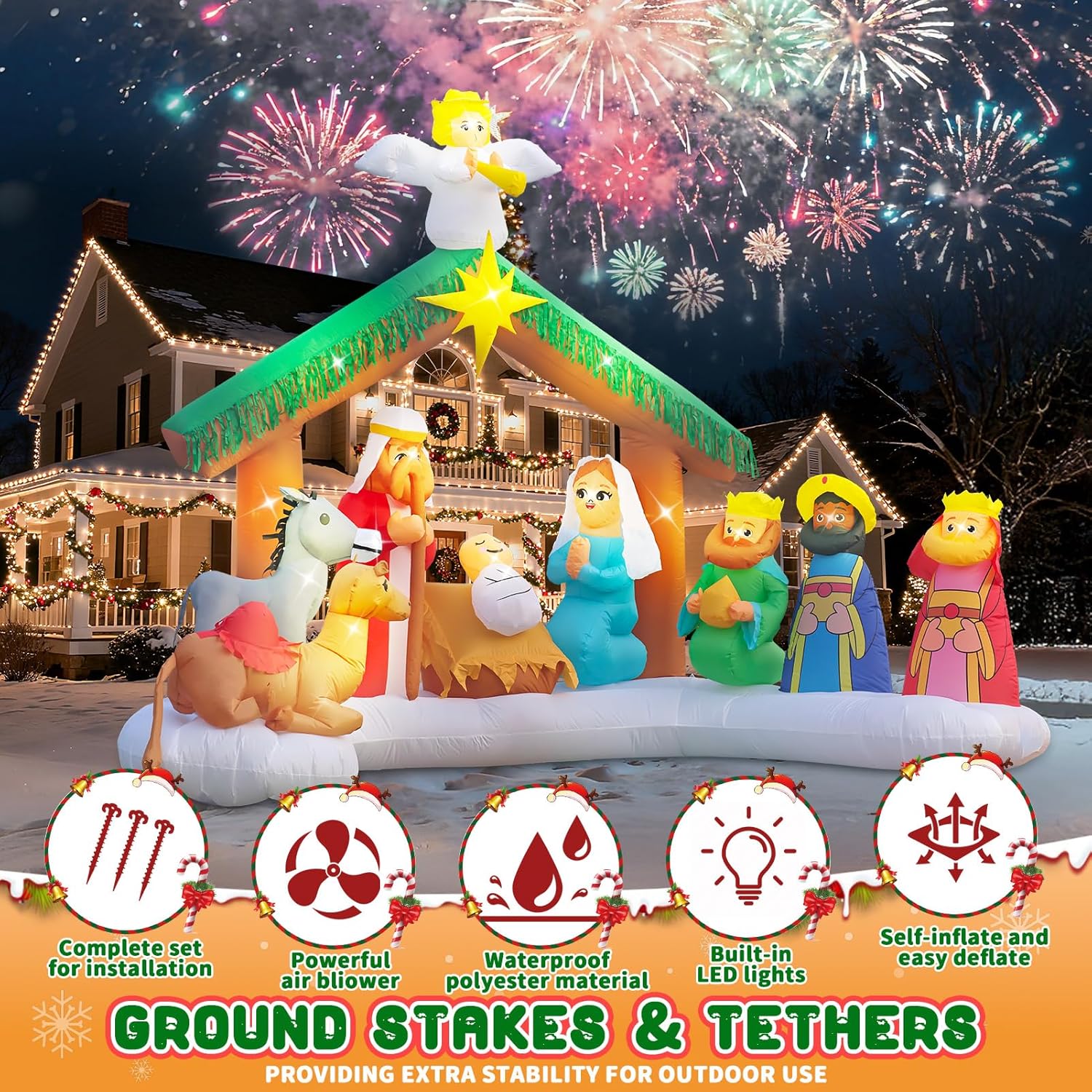 Evoio 12FT Giant Christmas Inflatables Nativity Scene Outdoor Decorations, Xmas Blow Up Jesus Inflatable with LED Lights & Manger Scene, Christmas Nativity Set for Indoor Outside Yard Lawn Garden