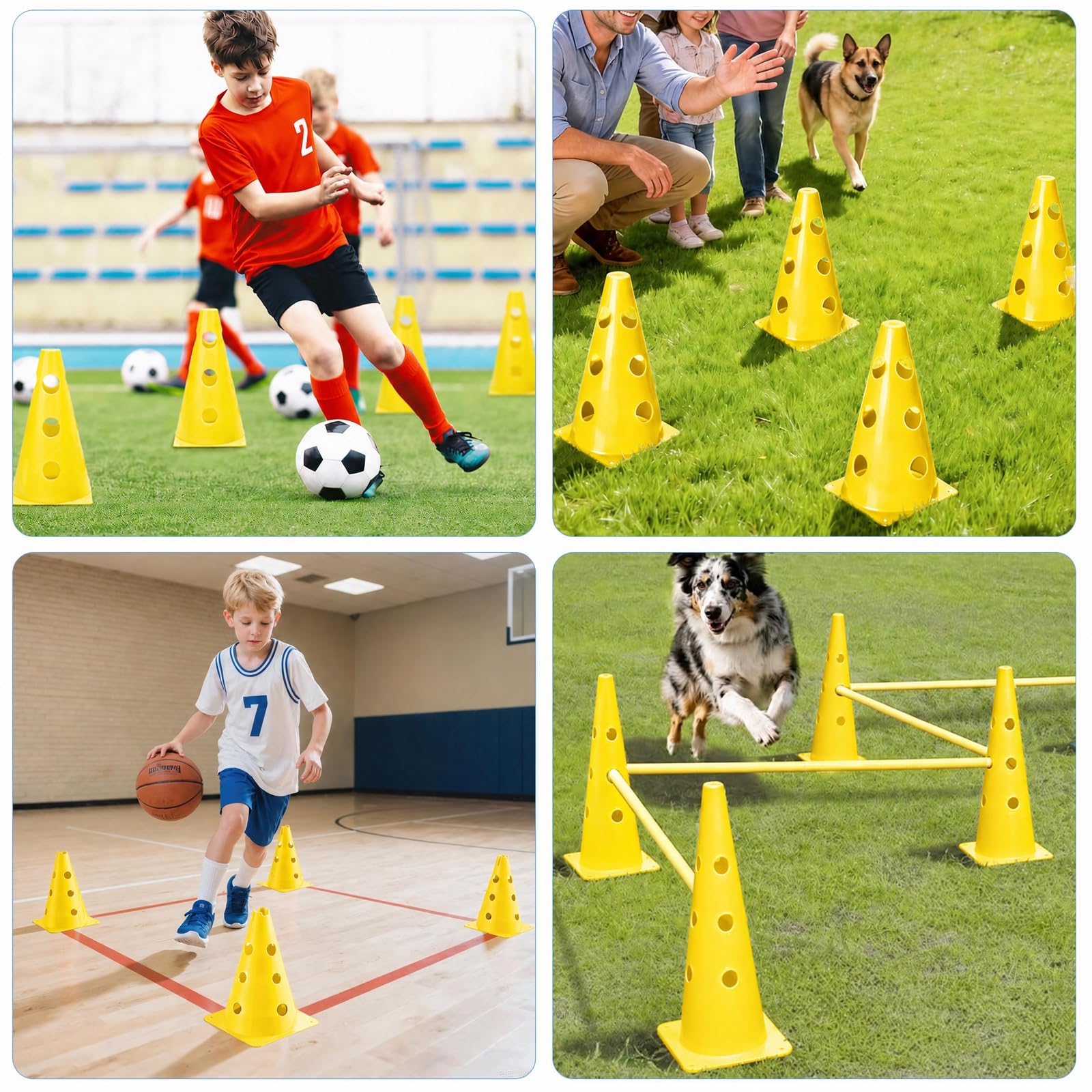 Set de Vallas de Agilidad con 10 Conos + 5 Barras, Altura Regulable para Entrenamiento Canino y Fútbol, Set Multiuso para Niños, Perros y Caballos, 23 cm de Alto, 80 cm de Largo (Amarillo)