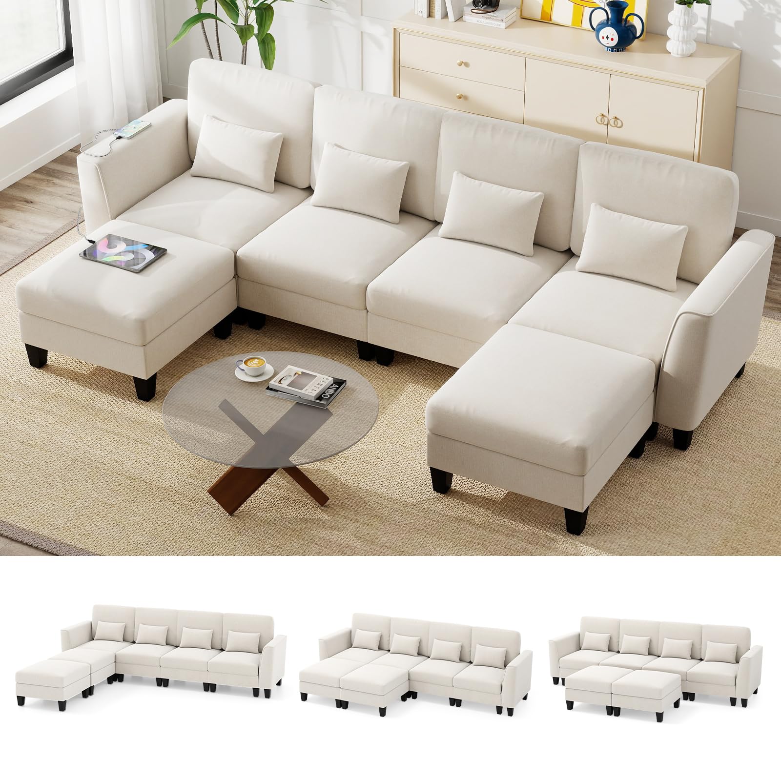 COSTWAY Sofa narożna 280 cm z 2 podnóżkami i 4 poduszkami, modułowa sofa z funkcją spania, sofa narożna w kształcie litery U z portami ładowania USB i portem ładowania typu C, 4-osobowa sofa do salonu