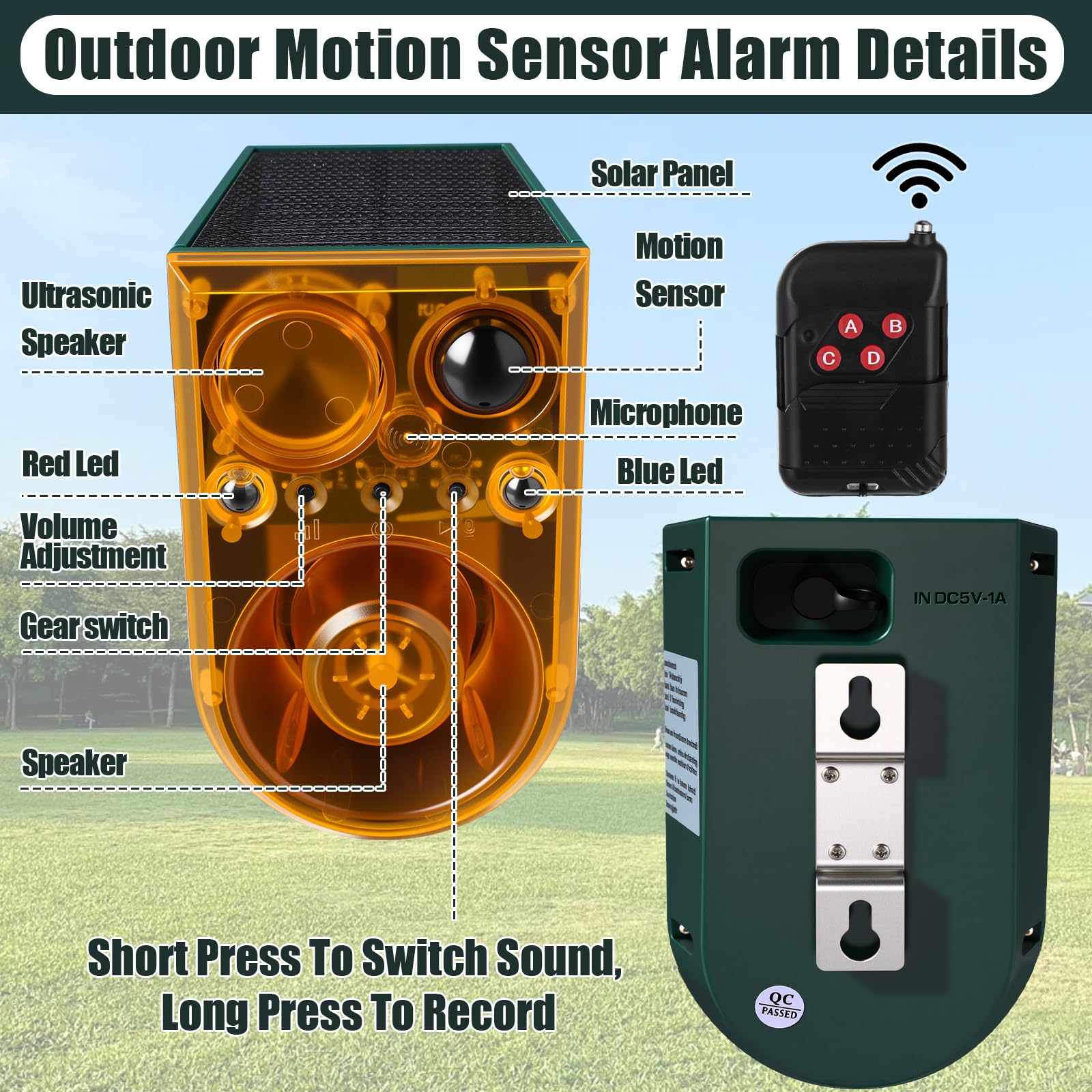 Qualirey Paquete de 2 alarmas solares con sensor de movimiento para exteriores, alarma ultrasónica disuasoria de animales, 13 sonidos, 130 dB, fabricante de ruido fuerte con control remoto USB, 4