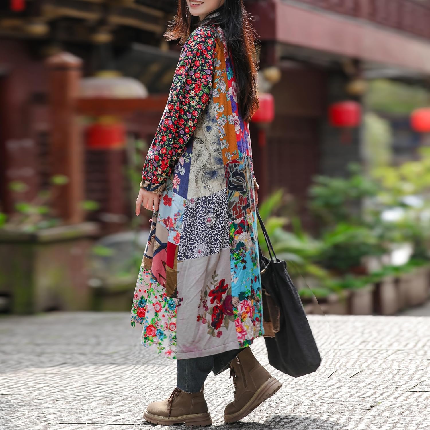 Women's Cotton Linen Printed Long Jacket with Unique Patchwork Cottagecore Style Casual Spring and Autumn Wear - Image 4