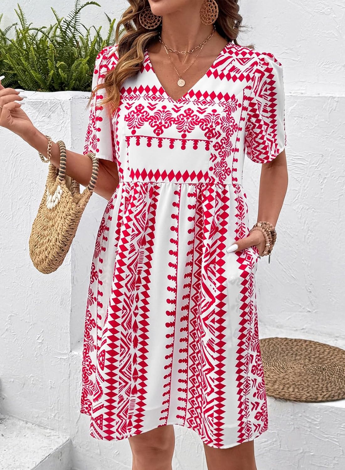 SHEWIN Dresses for Women Geometric Print Loose Fit V Neck Short Sleeve Summer Dress Beach Vacation 2026 Trendy - Image 8