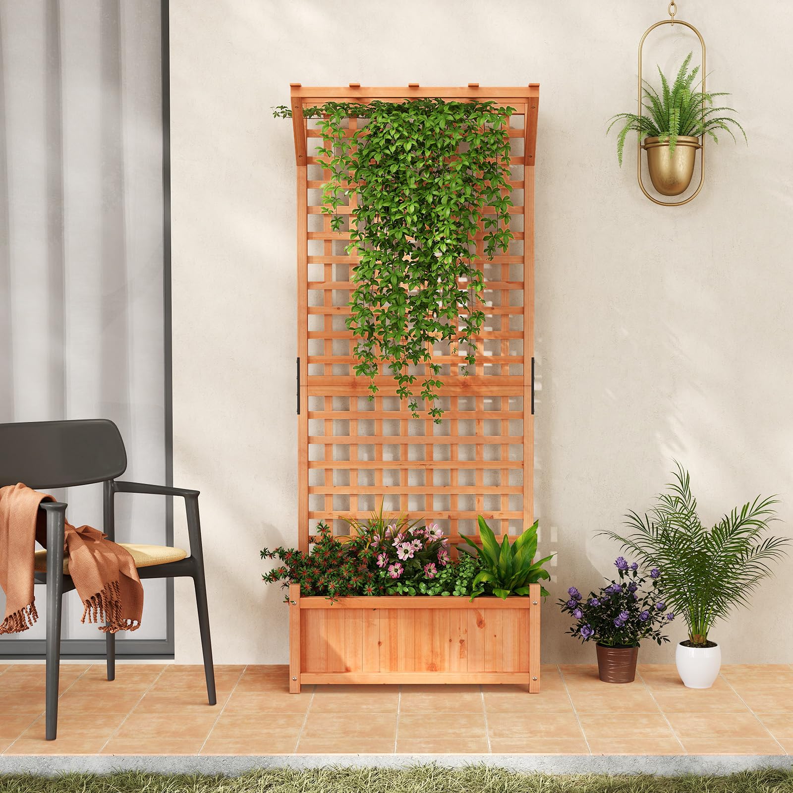 GOPLUS Jardinière avec Treillis 183cm en Bois de Sapin, Trou de Drainage pour Plantes Grimpantes, Fleurs, Bac à Fleurs avec Treillis pour Cour, Jardin, Balcon, 75x33x183cm