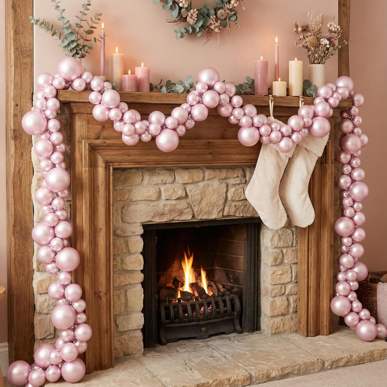 9 ft Christmas Ball Garland Ornaments Large Pink Hanging Shatterproof Xmas Balls Decorations for Home Indoor Outdoor Mantel Holiday Party Christmas Tree Supplies 9 ft Pink
