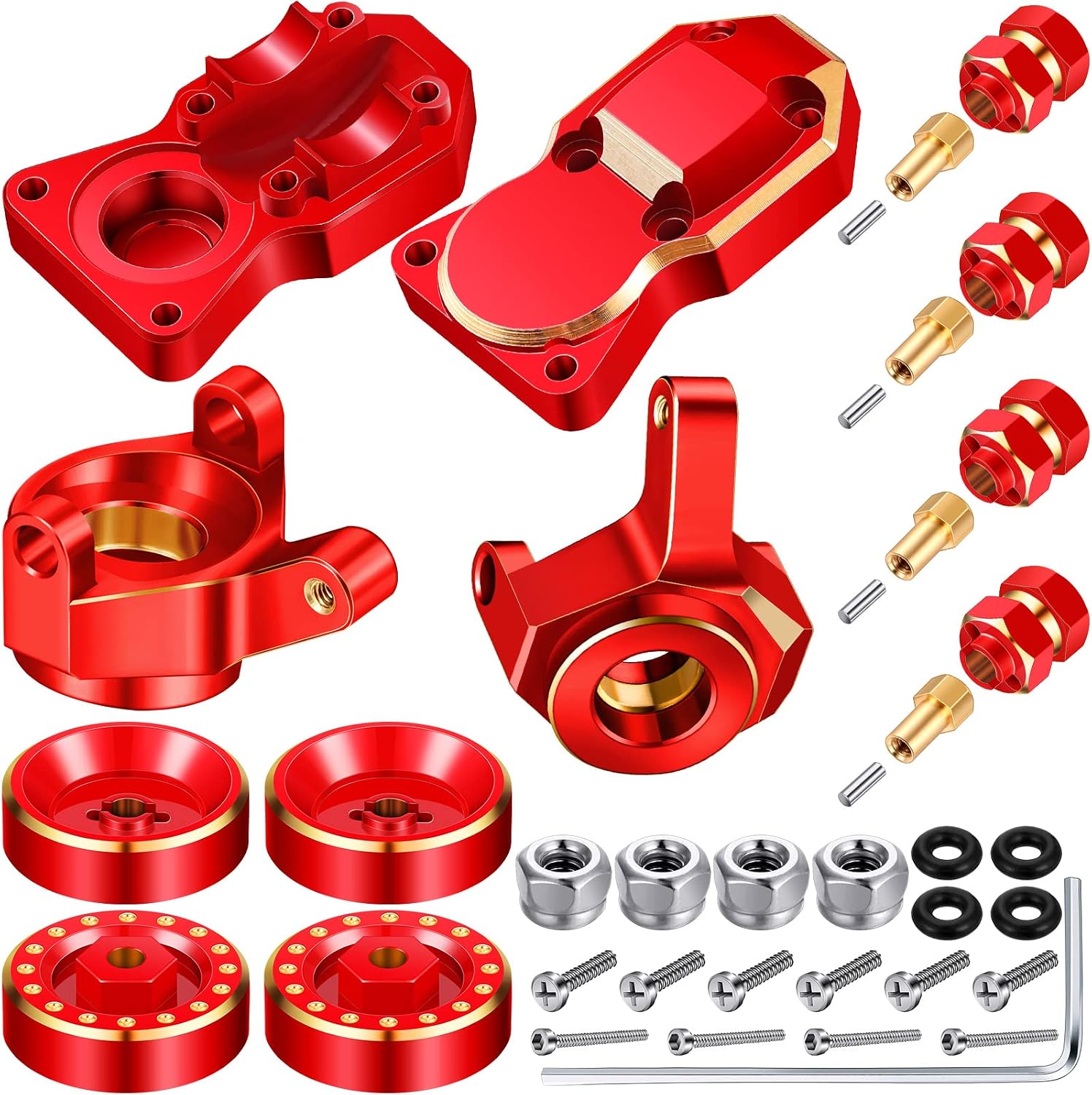1/24 RC Crawler Car Brass Upgrade Set Includes 7mm Wheel Hex Hub Extension, Brass Steering Knuckle, Brass Wheel Weights Hex Adapter, Brass Diff Cover Front Rear for Axial Scx24 Axi90081 (Red Gold)