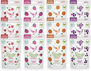 Stevita Hard Candy, Variety Pack - 12 Resealable Pouches - Strawberry, Cherry, Orange & Grape Flavors - Sugar & Aspartame Free - Naturally Flavored & Sweetened - Non-GMO, Gluten Free, Keto Friendly