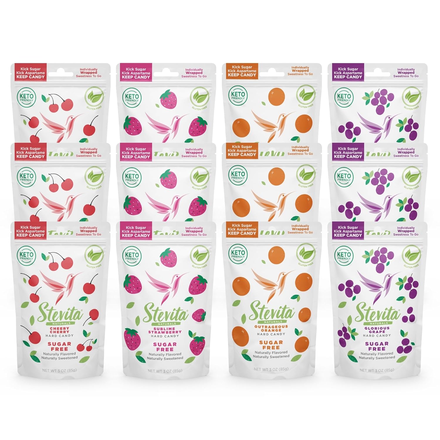 Stevita Hard Candy, Variety Pack - 12 Resealable Pouches - Strawberry, Cherry, Orange & Grape Flavors - Sugar & Aspartame Free - Naturally Flavored & Sweetened - Non-GMO, Gluten Free, Keto Friendly