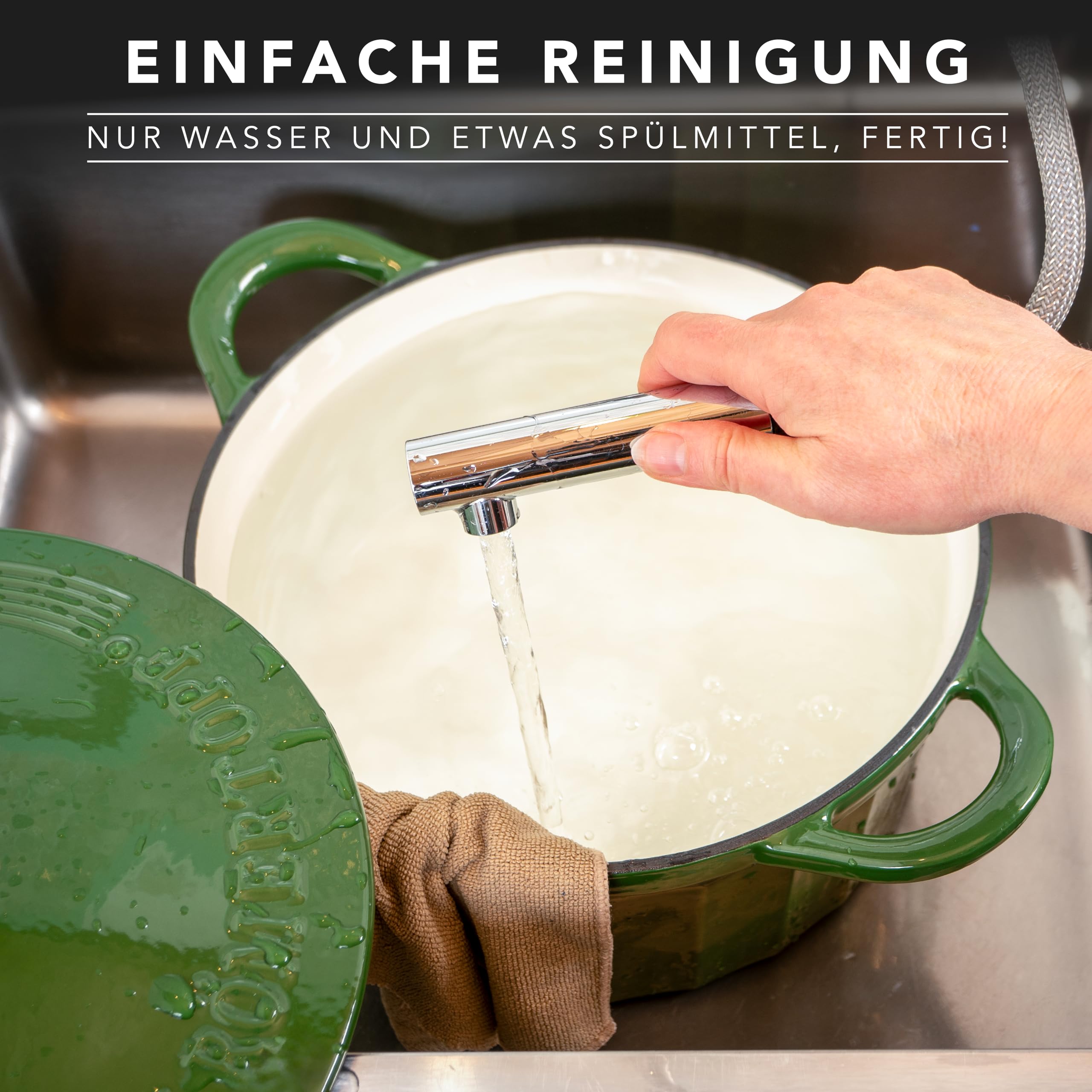 Römertopf Gusseisen Topf mit Deckel 28 cm – Bräter & Schmortopf emailliert, Dutch Oven für alle Herdarten inkl. Induktion, backofenfest bis 250 °C, PFAS-frei – Grün