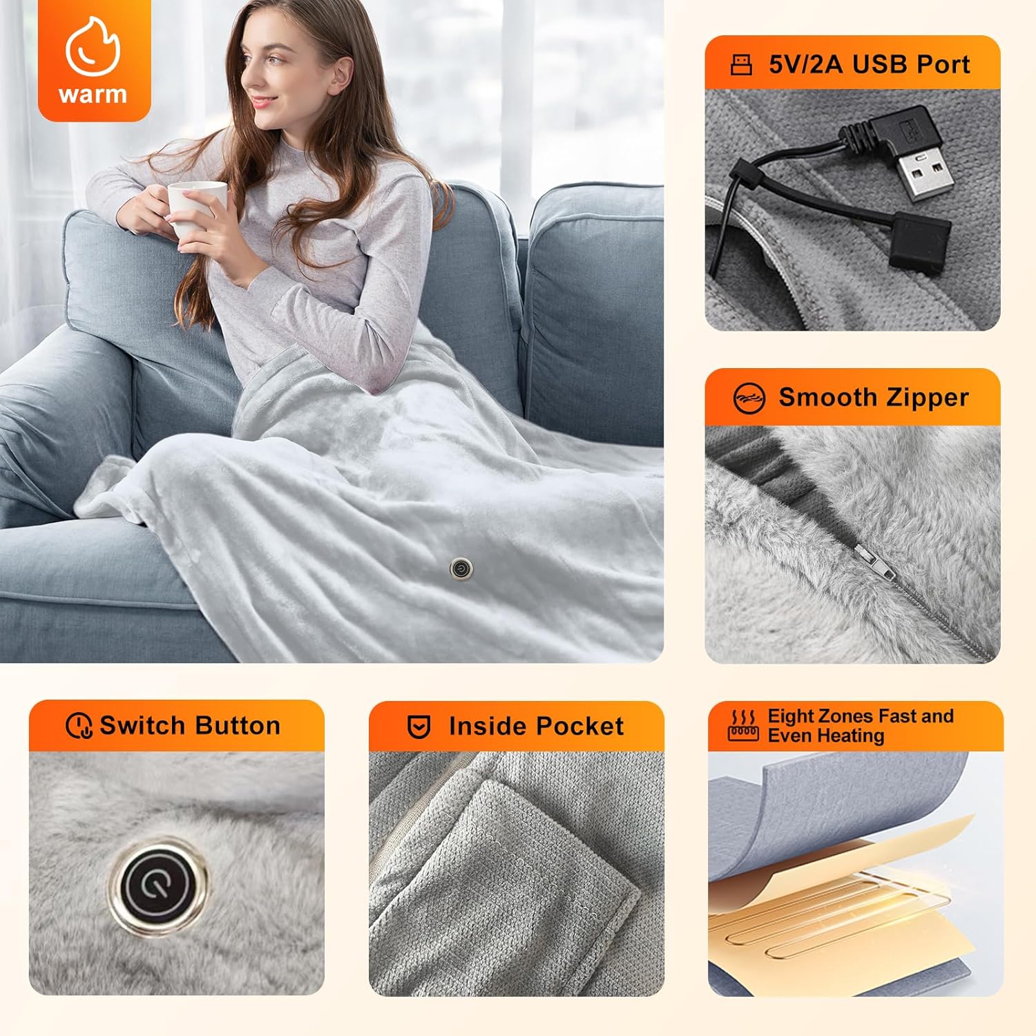 USB Electric Heated Shawl,Portable Cordless Heated Throw Blanket,3 Heat Settings,Heated Shawl Poncho Wrap Blanket with Zipper,for Outdoor,Car,Travel,Camping,Machine Washable(Battery Not Included) - Image 6