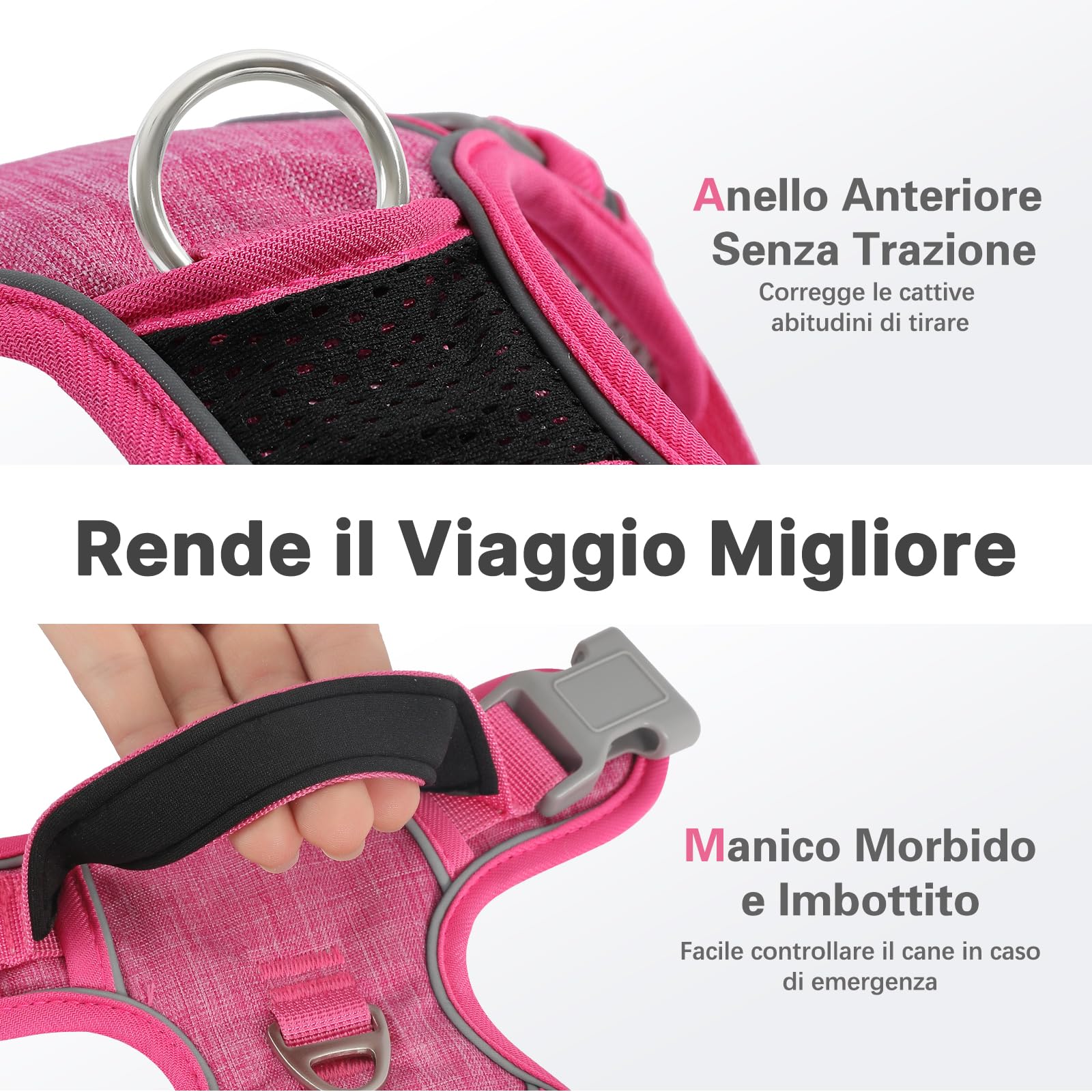 COMSLE Pettorina Cane Taglia Grande Media Piccola, Pettorina Cane ad h Riflettente, Pettorina Anti Tiro per Cani Regolabile con Doppio Anello, Imbracatura Cani Traspirante, Rosa, XL