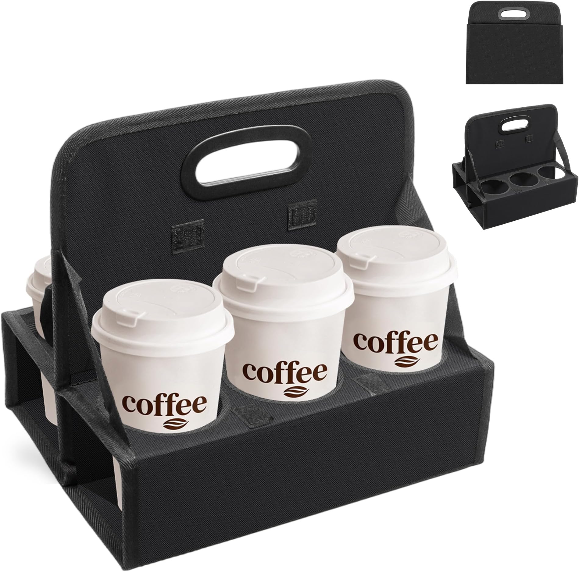 AKAYOK 6-Cup Reusable Foldable Drink Carrier with Handle –Spill-Proof Black Drink Caddy for Delivery, Office & Catering –Sturdy Beverage Organizer with Individual Compartments for Car, Travel & Events