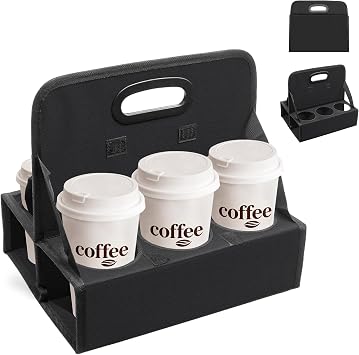 AKAYOK 6-Cup Reusable Foldable Drink Carrier with Handle Spill-Proof Black Drink Caddy for Delivery, Office & Catering Sturdy Beverage Organizer with Individual Compartments for Car, Travel & Events
