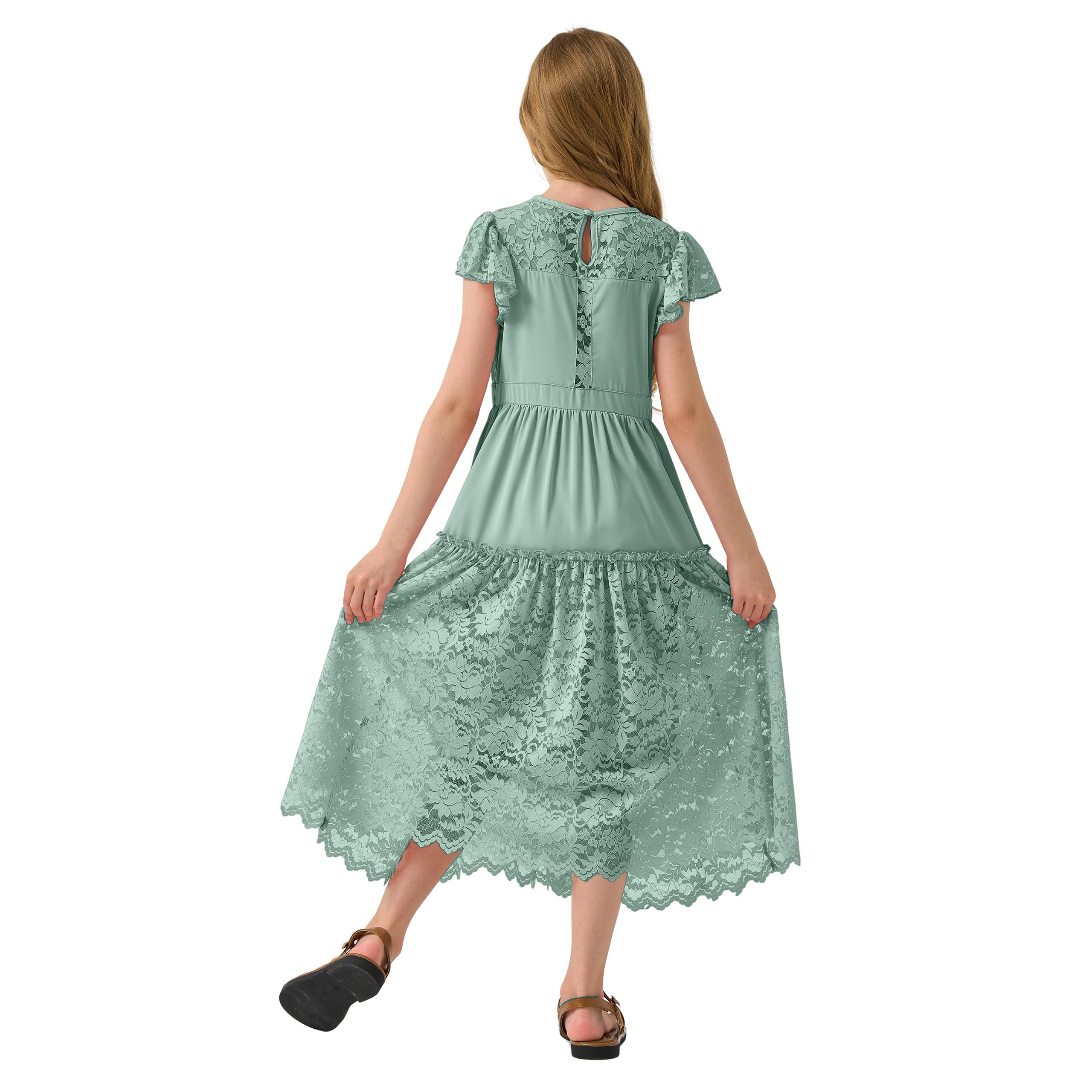Rolanko Vestido largo de encaje bohemio para niñas, manga con volantes, vestido largo con forro para boda y fiesta