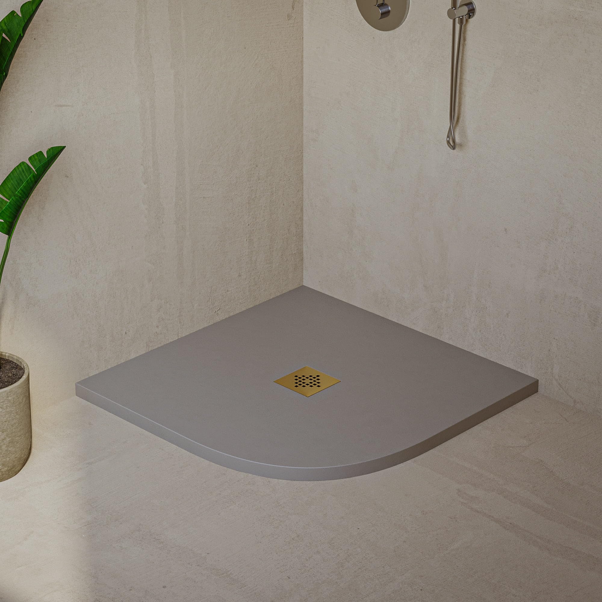 Soulhome Plato de Ducha Semicircular 70x70 Moka - Rejilla Dorada | Antideslizante C3, Extraplano, Resina y carga mineral, Textura Liso Piedra, Antibacteriano, Gel-coat, Incluye válvula desagüe
