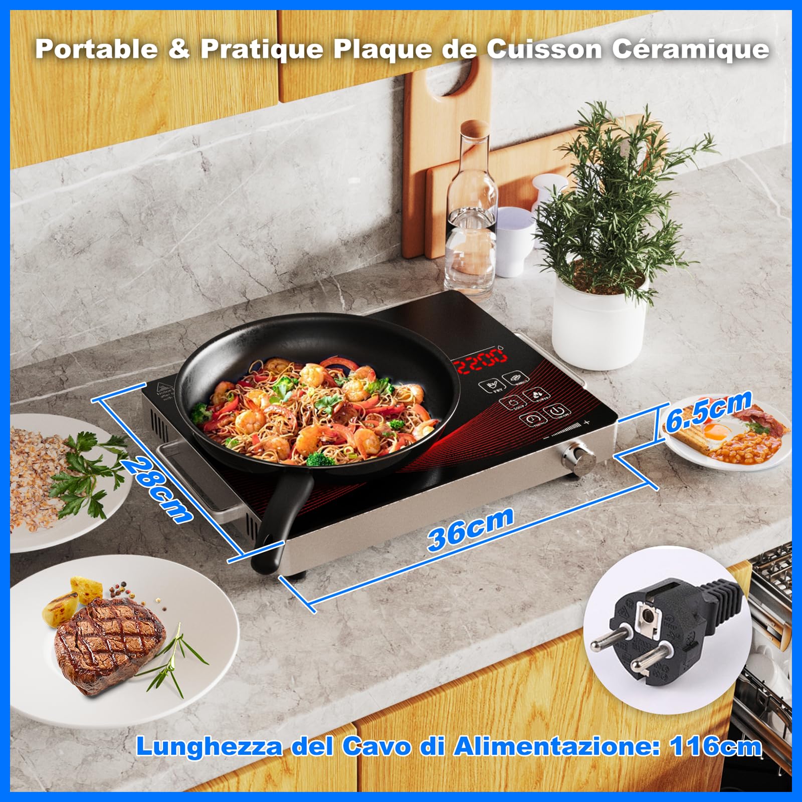 Nardea Fornello a Infrarossi Portatile da 2200W, Fornello Elettrico Singolo, Piastra Elettrica in Vetroceramica con Potenza di Riscaldamento Regolabile, Timer di 3 Ore