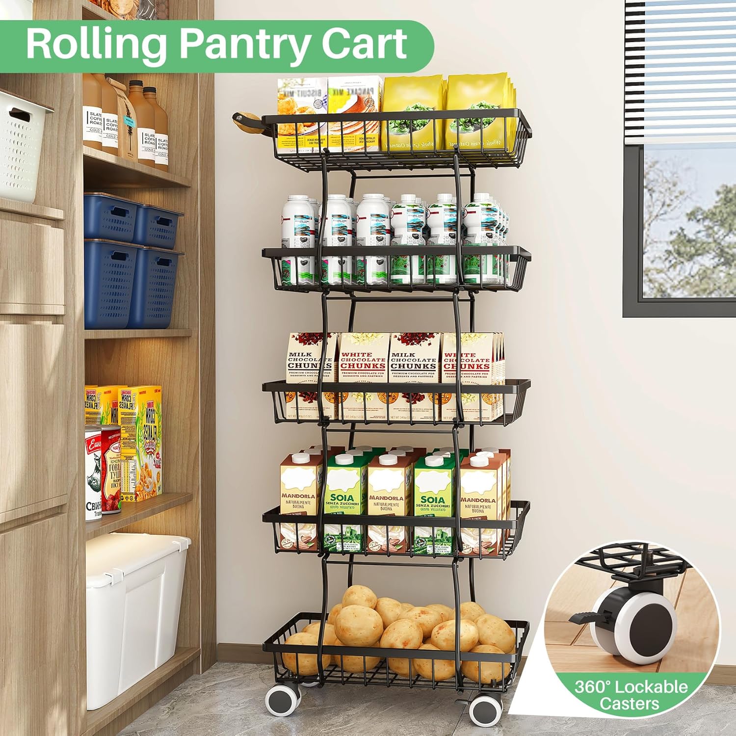 SAYZH Fruit Basket Kitchen Pantry Organizers and Storage - 5 Tier Stackable Metal Wire Basket Stand for Fruit Vegetable Snacks Jars Bins Containers Organization, Black - Image 7