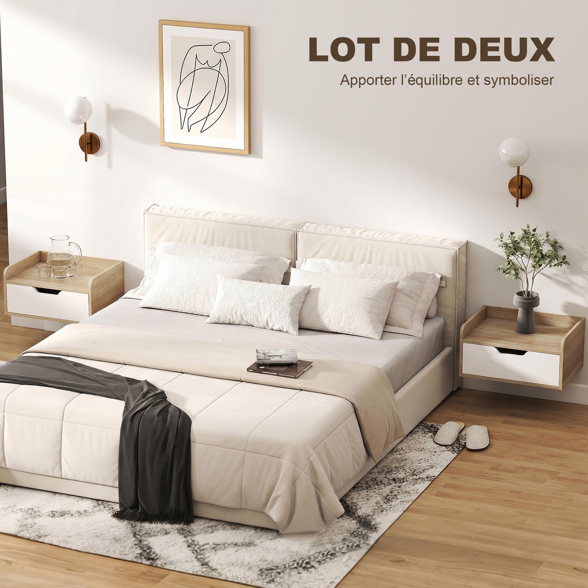 HOMCOM Lot de 2 Tables de Chevet murales, Tables de Nuit suspendues avec tiroir et Plateau à rebords surélevés, Style Moderne, pour Chambre à Coucher, Salon, 40 x 30 x 19,5 cm, Blanc et Bois Naturel
