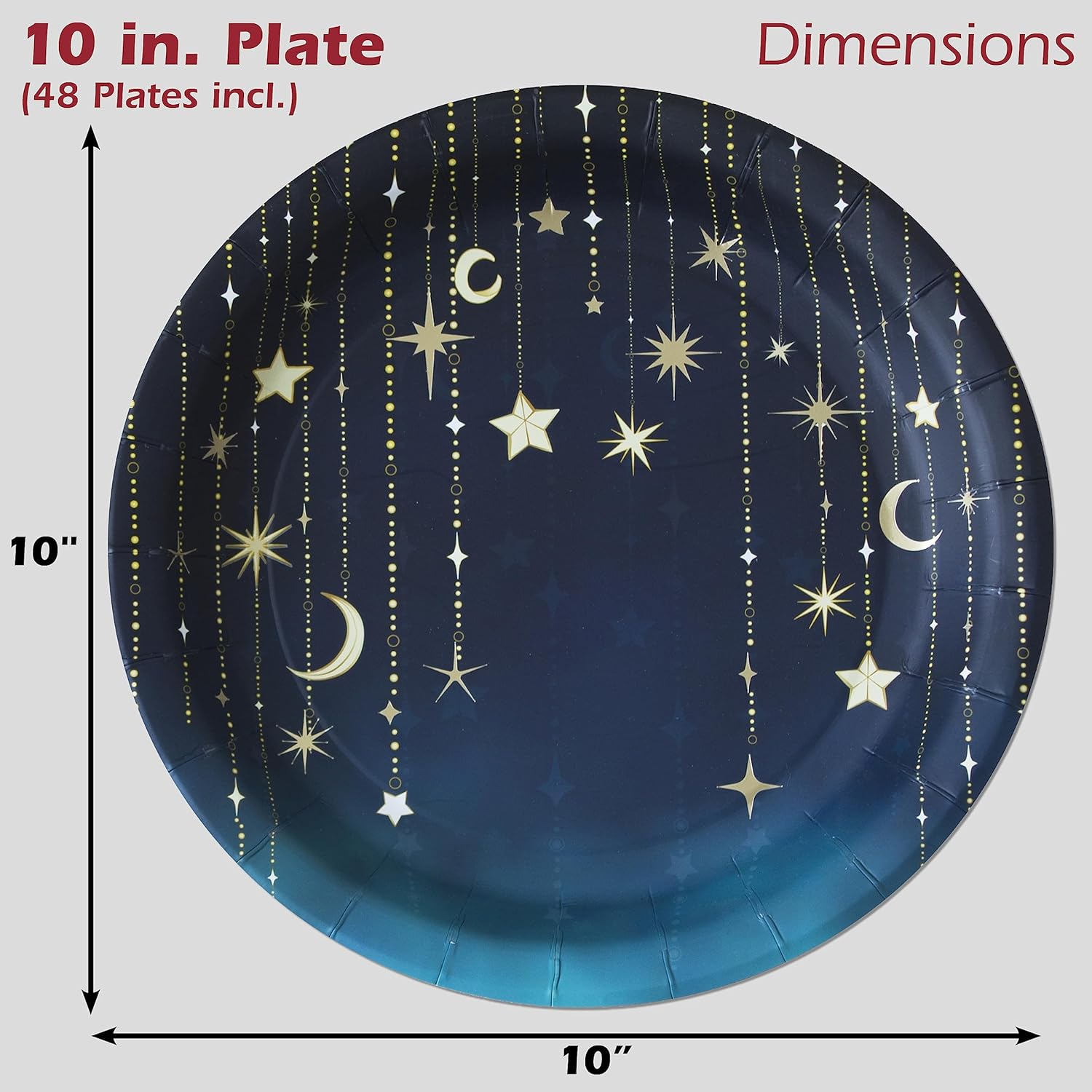 Havercamp Starry Night Party for 48! Jumbo Set includes 48 XL 10” Plates and 48 Luncheon Napkins. Beautifully Printed in the Navy Ombre’ & Gold Starry Night theme