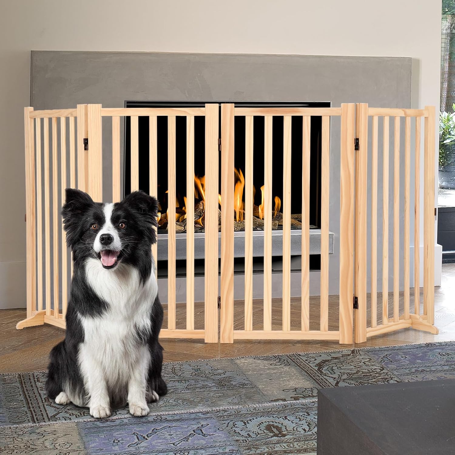 GarveeLife Paint-Free Wooden Freestanding Dog Gates, Wooden Indoor Dog Fence,Collapsible Wood Pet Gates for The House,Doorways, Stairs,Step Over Fence -4 Panel H:36”