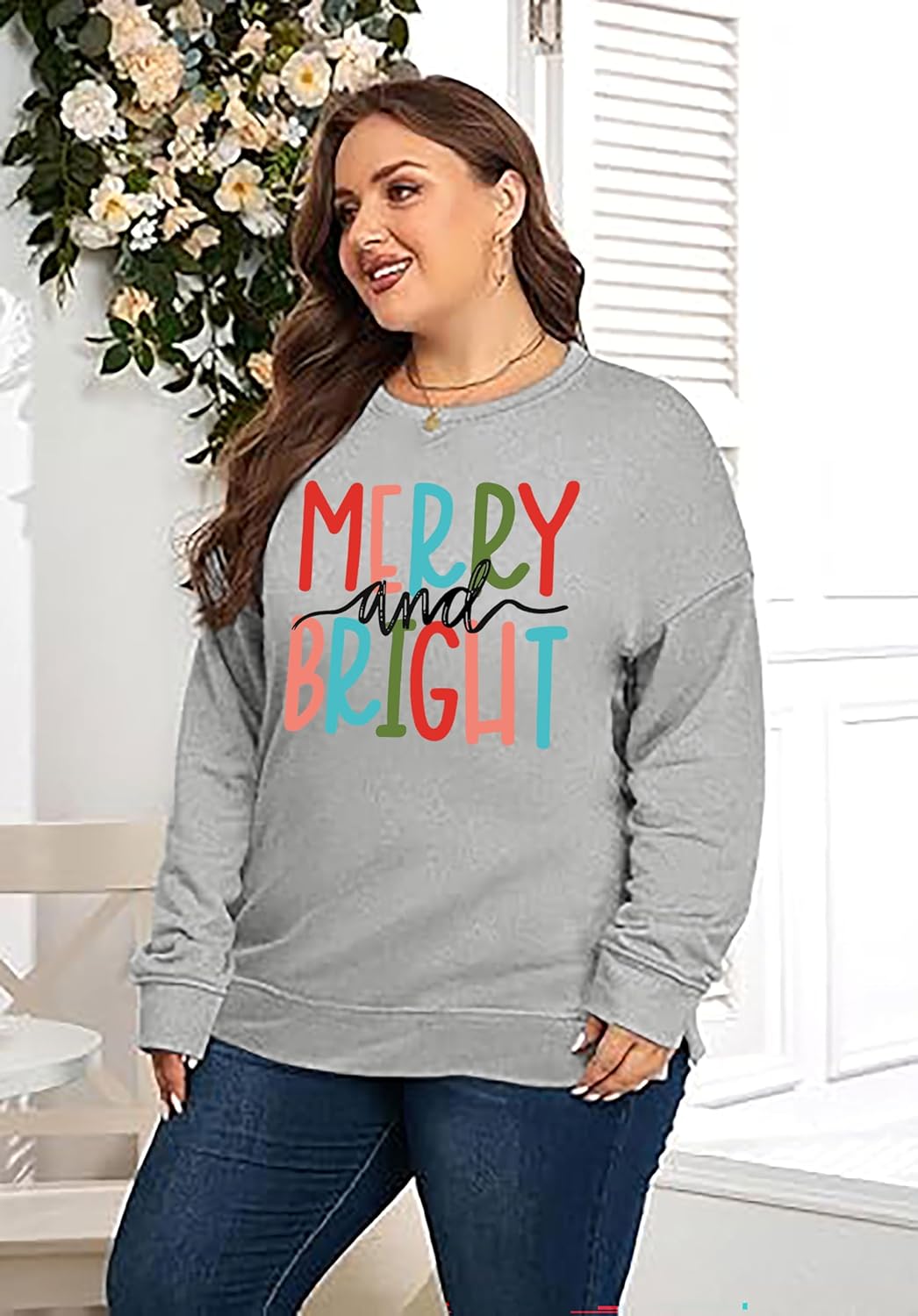 Women Plus Size Christmas Sweatshirt Merry and Bright Xmas Pullover Tops Merry Christmas Long Sleeve Holiday Tee Shirt - Image 5
