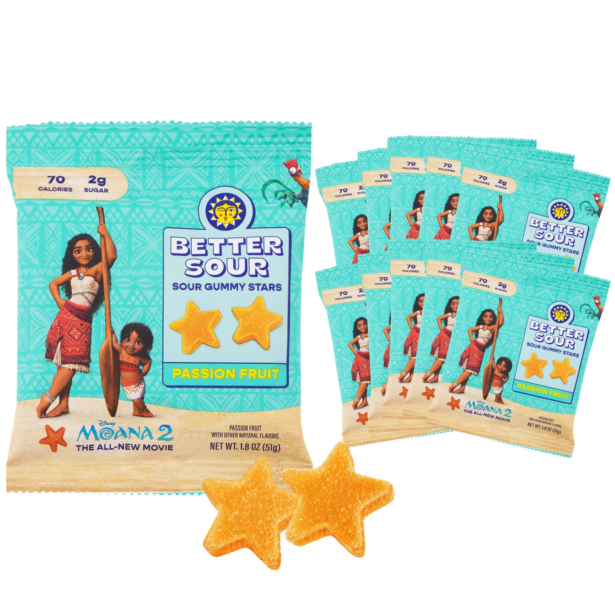 Better Sour Disney’s Moana 2 Passion Fruit Gummy Stars Candy Naturally Flavored Plant-Based Low 4g/70 cal per 1.8oz Sugar Healthy Sour Gummy CandyBag Healthy Treats for Teens & Adults (Pack of 10)