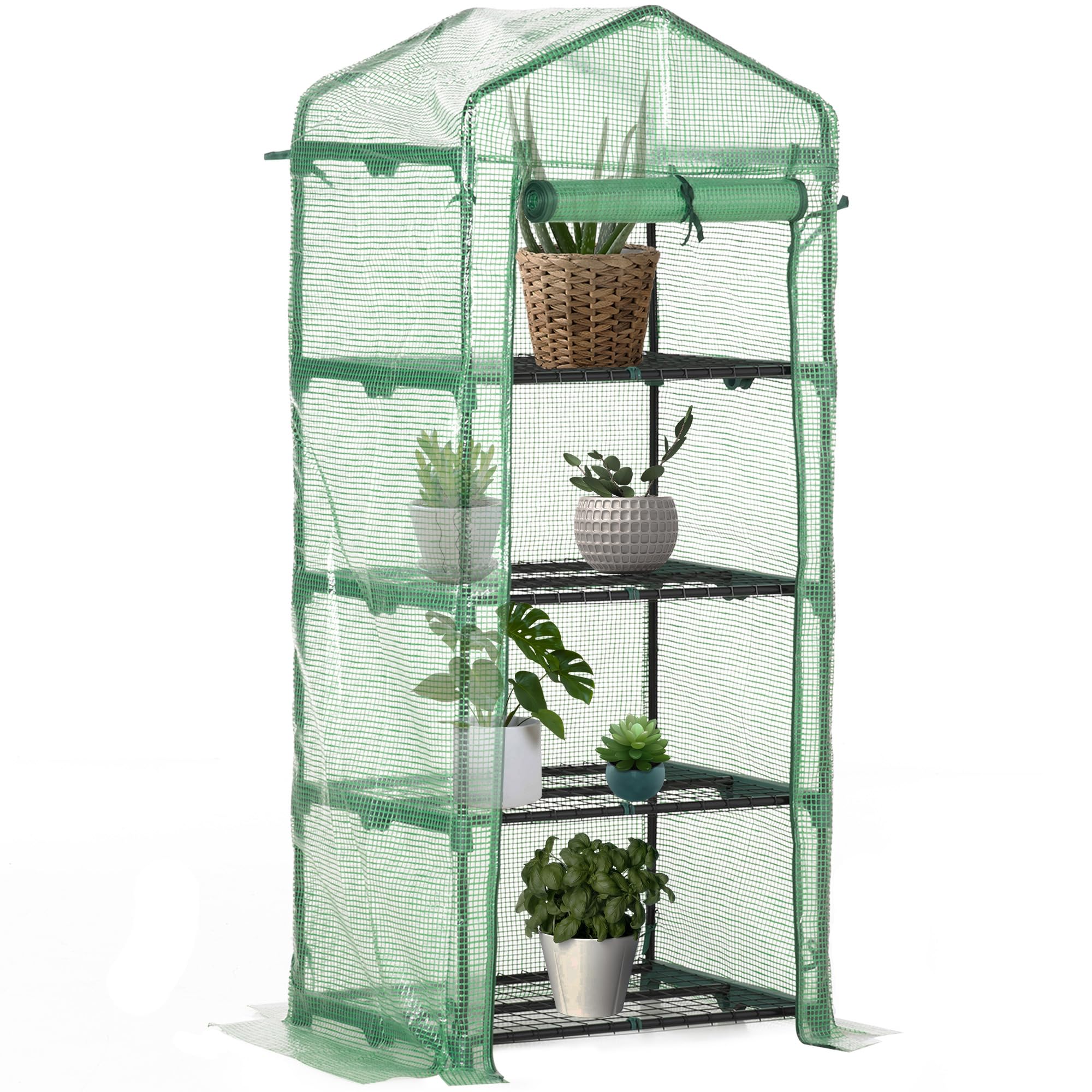 Outsunny 4 Tier Mini Greenhouse, Portable Compact Green House with Steel Frame, PE Cover, Roll-up Door, 70 x 50 x 160 cm, Green