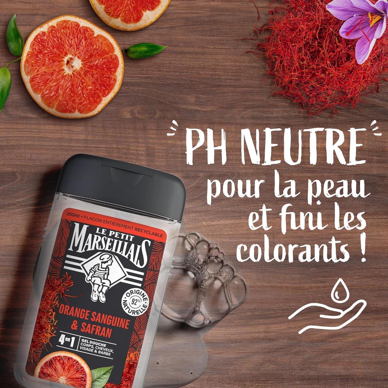 Le Petit Marseillais - Men's Shower Gel Blood Orange and Saffron (250 ml bottle) - 4 in 1 formula for body, hair, face & beard - 92% ingredients of natural origin and neutral pH