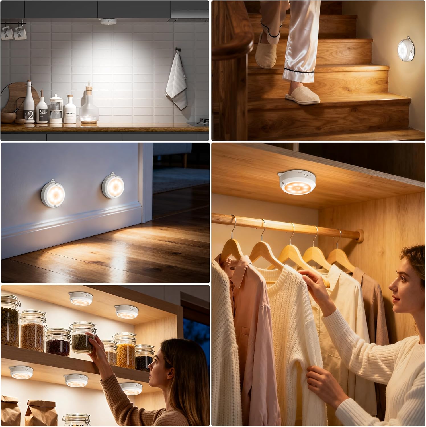 YiaMia Motion Sensor Under Cabinet Lights - 6 Pack, Indoor Smart Sensor Night Light, 3 × AA Battery Operated Wireless Stair Light, Dimmable Puck Lights Suitable for Kitchens, Wardrobes, Hallway