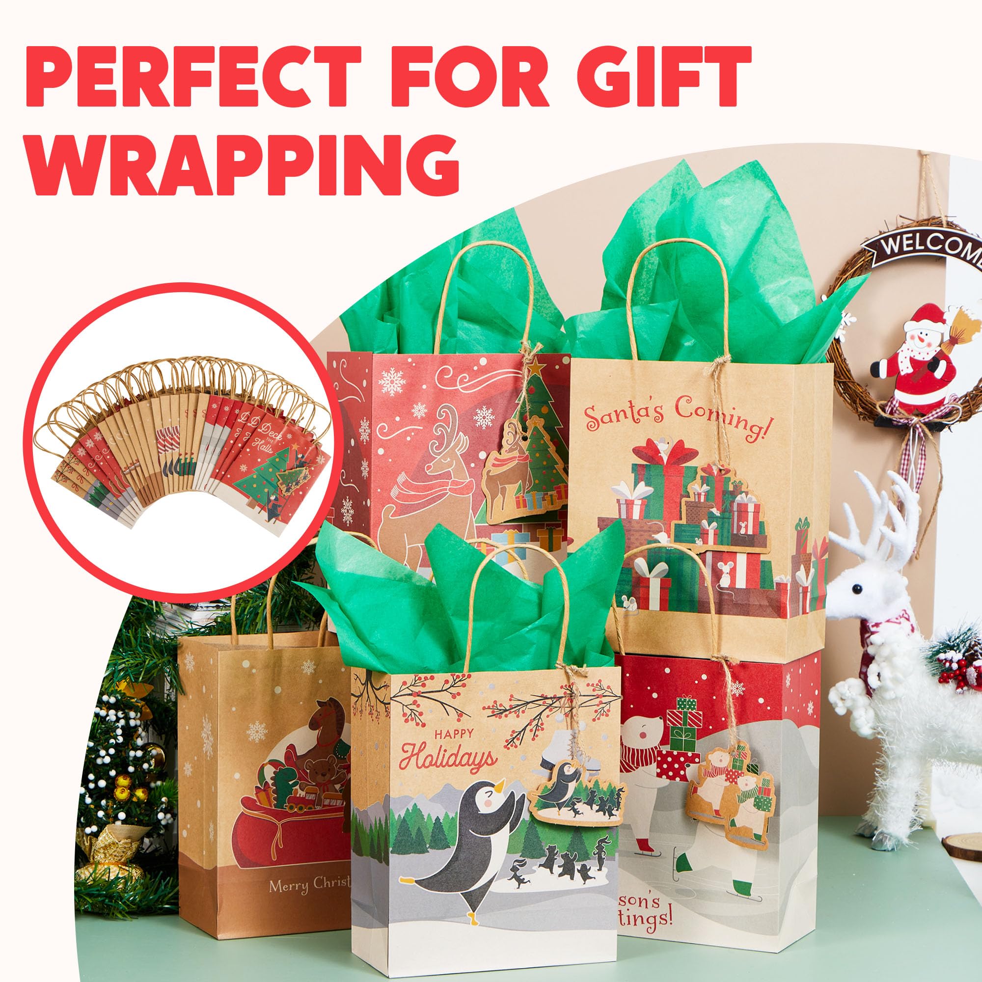 JOYIN 24 Weihnachts-Geschenktüten Aus Kraftpapier – 25,9x16x10,6cm, 6 Designs, Für Goody Bags & Party