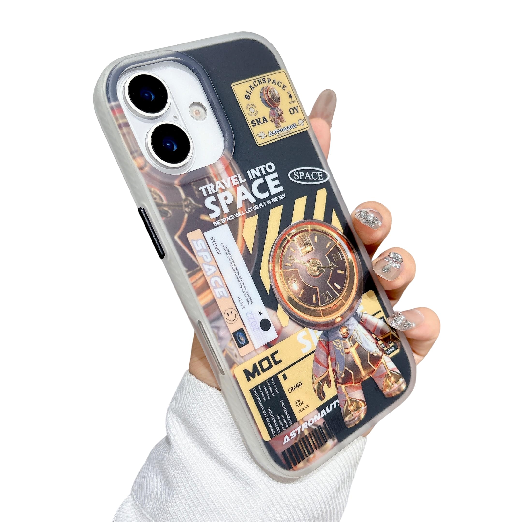 Yonds Queen Bonita funda compatible con iPhone 16, diseño de astronauta espacial planeta luna, elegante IMD, a prueba de golpes, antideslizante, protector de moda (amarillo, iPhone 16)