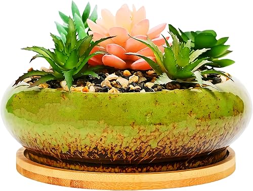 SJBAG Maceta circular de cerámica de 7.3 pulgadas para decoración del hogar, jardín, suculentas, cactus, maceta con bandeja de bambú, planta no