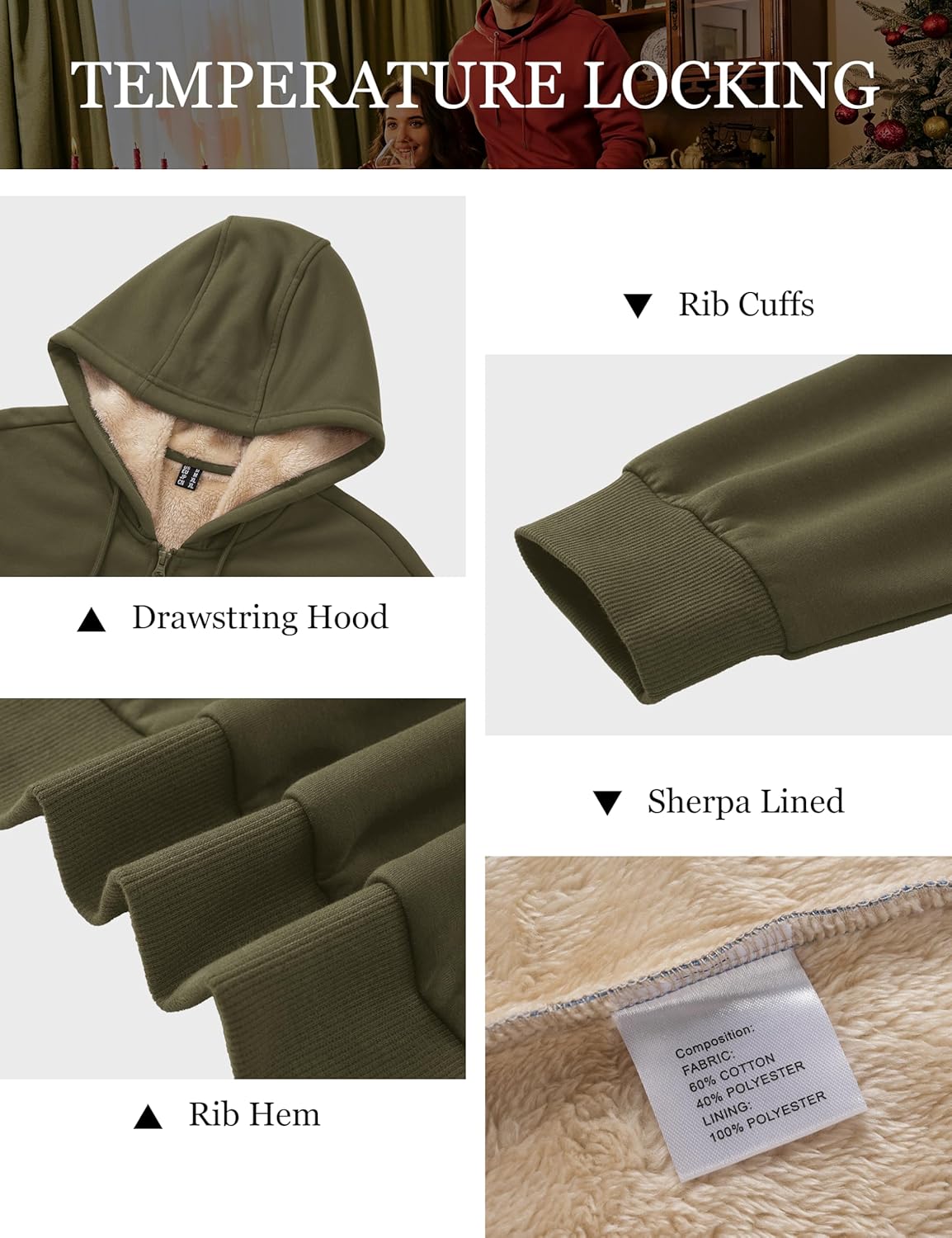 MAGCOMSEN Men's Zip Up Hoodie Sherpa Lined Hooded Sweatshirt Winter Heavyweight Hoodies Warm Thick Fleece Jacket - Image 5