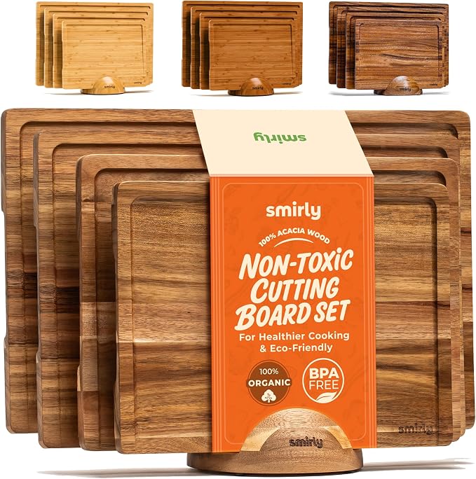 SMIRLY Wood Cutting Boards For Kitchen Meal Prep & Serving, Bamboo Cutting Board Set, Charcuterie Chopping Boards and Wooden Cutting Boards for Kitchen