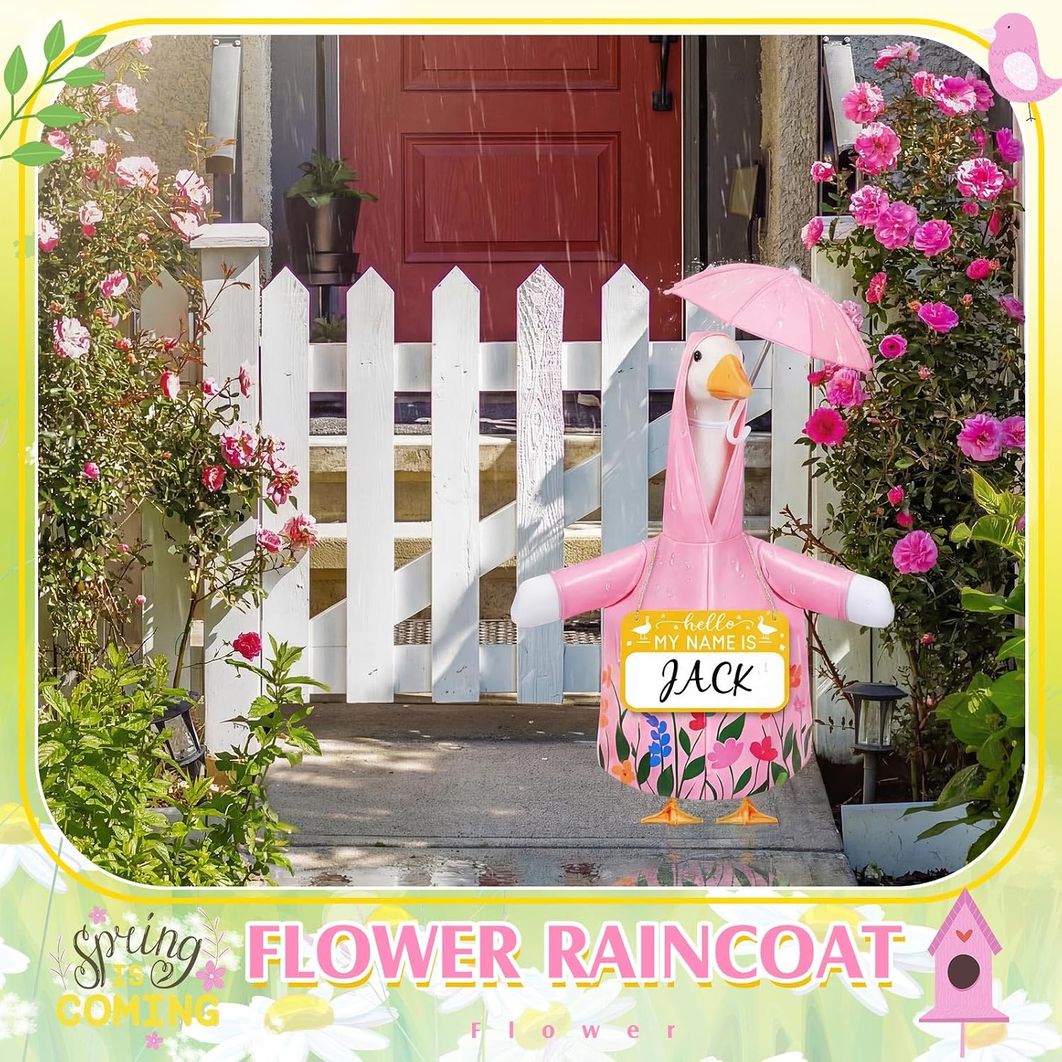 Mindsoft 3 Pcs Raincoat Porch Goose Outfit Summer Raincoat Umbrella with Name Wooden Sign for Lawn Cement 23 Goose Statue Clothes Outdoor Patio Yard Lawn Decoration(Spring Flowers,Pink)