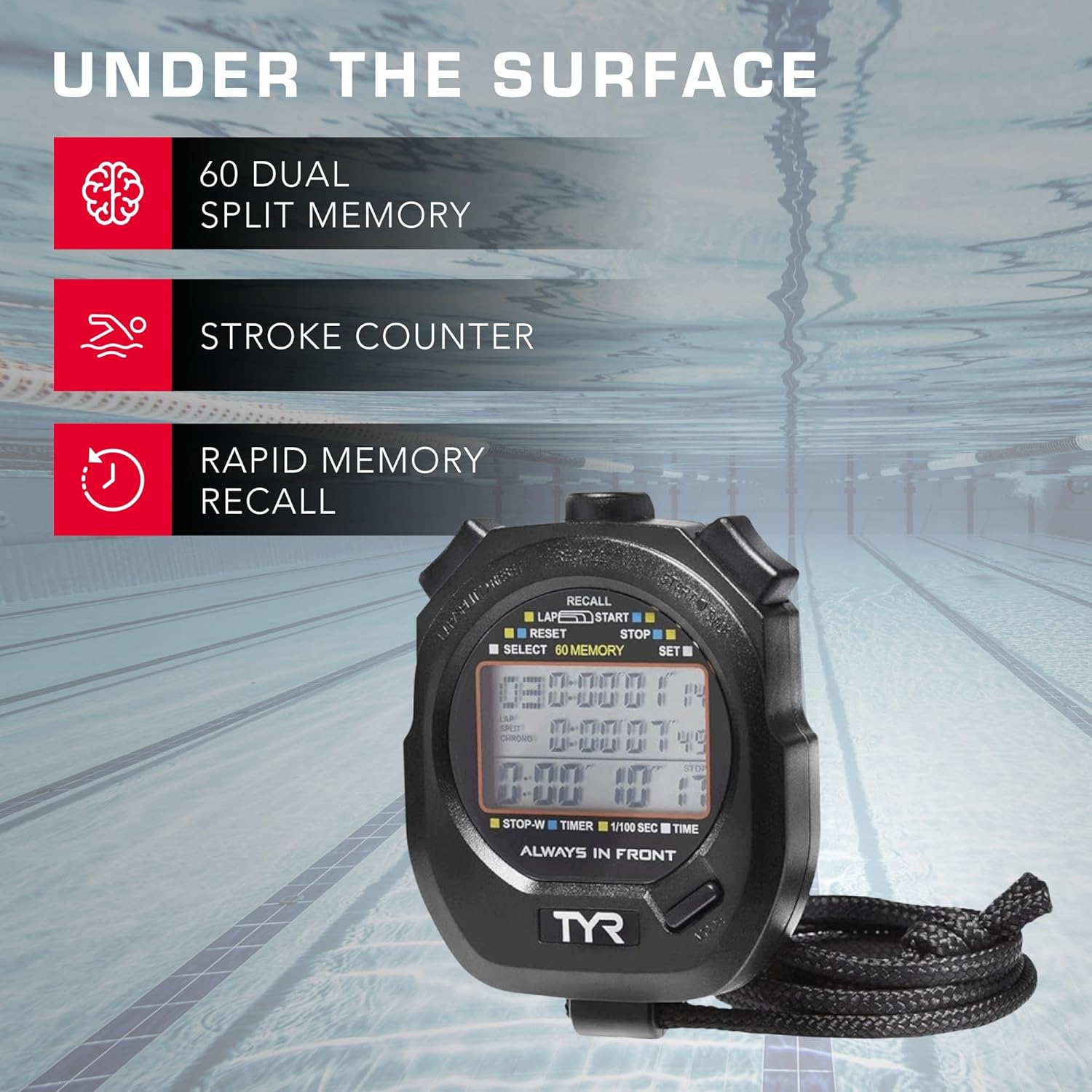 TYR Z200 Stopwatch – Professional Digital Timer with Split Memory, Water-Resistant, Ergonomic Design for Swim, Track & Field, and Sports Training