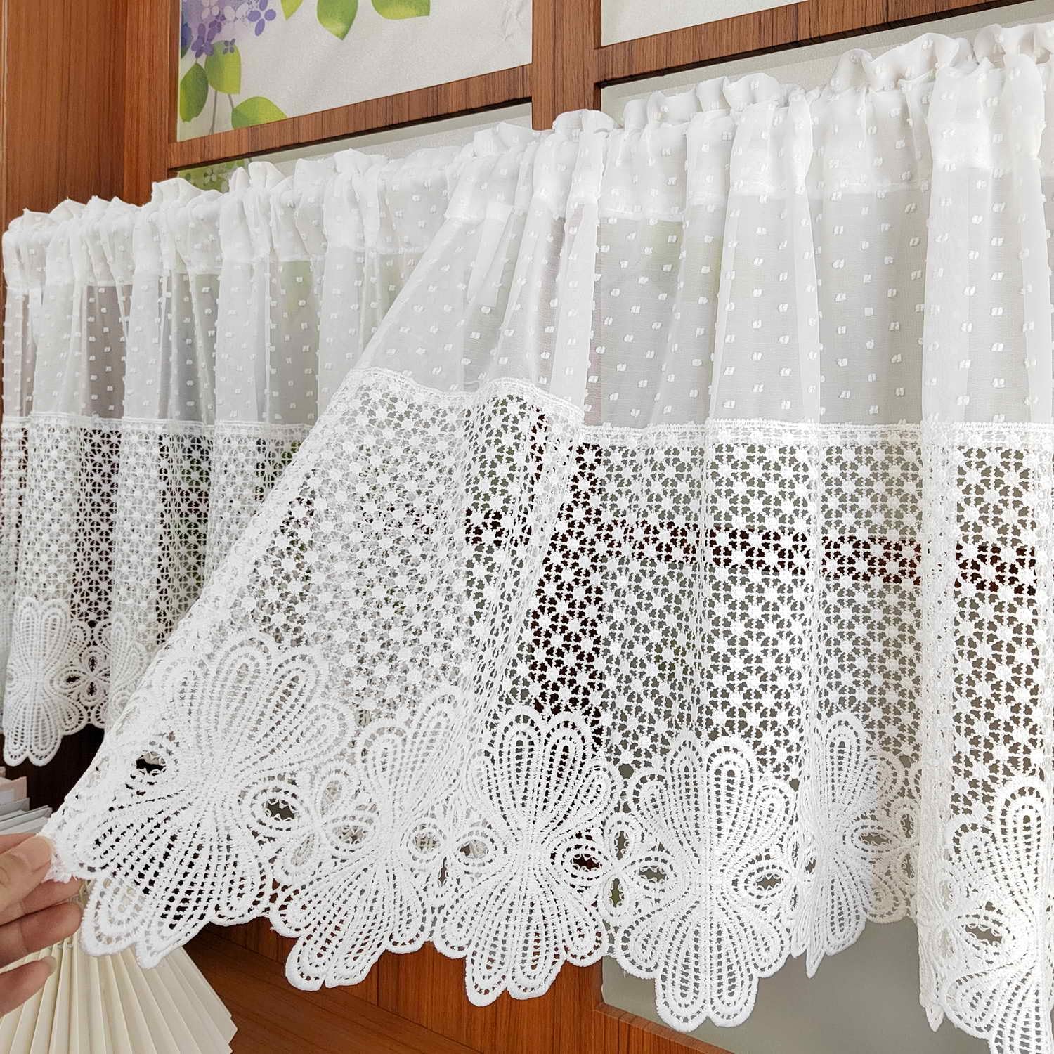 Elegant White Lace Sheer Valance Pom Pom for Kitchen Boho Pompom Decor Textured Tier Half Cafe Bathroom Floral Short Curtain Dining Room Rod Pocket 2 Panels (W55 X L35 INCH,White,2)