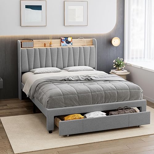 Miniatura 5 de GAOMON Base de cama tamaño Queen con cajones de almacenamiento, marco de cama de plataforma de metal con cabecero, fuerte soporte de listones de