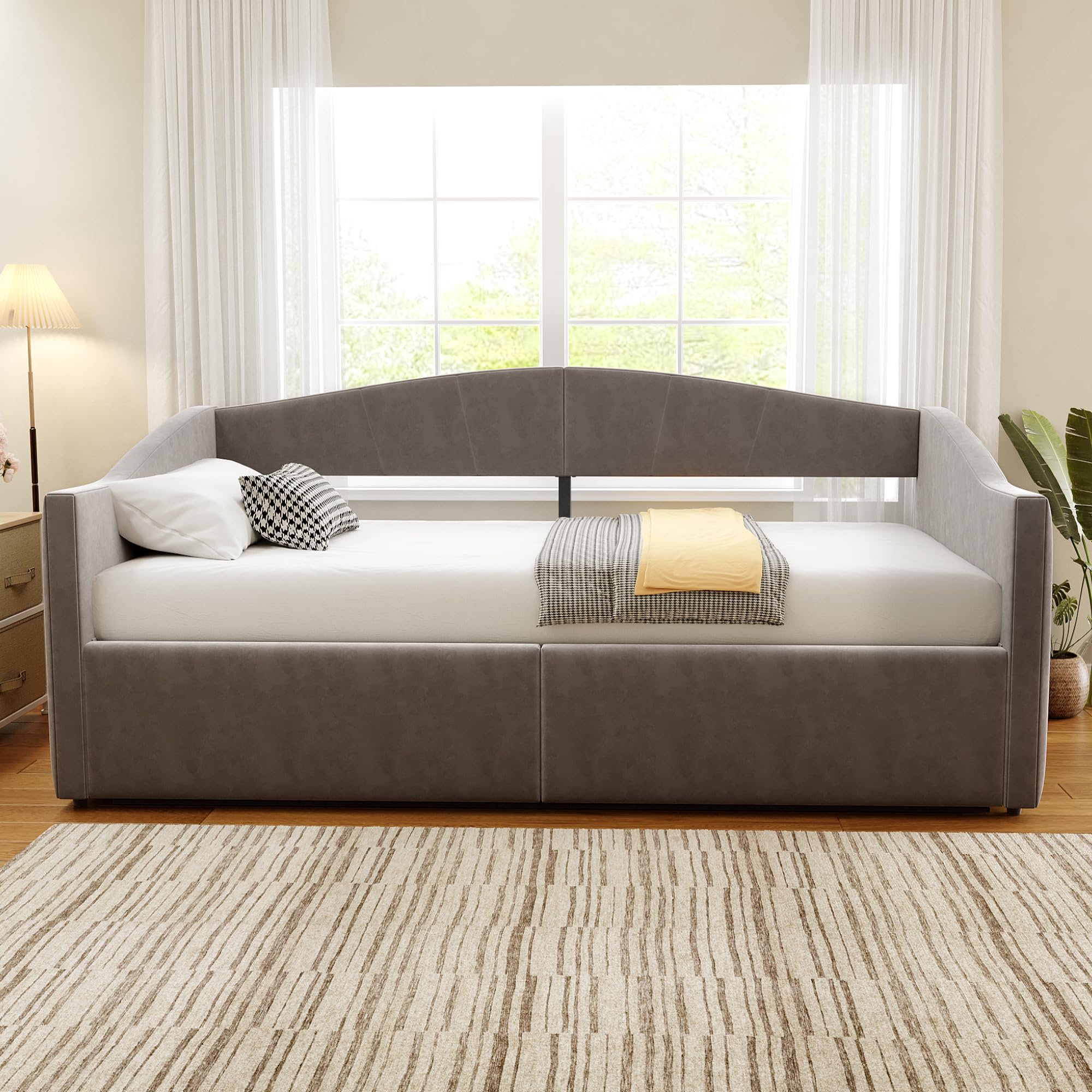 Schlafsofa Tagesbett 90x200 cm mit Hydraulischer Stauraum, Schlafcouch Bettgestell mit Lattenrost und Armlehnen, Sofabett mit Klassisch Gestreift, Samt, Grau, Ohne Matratze