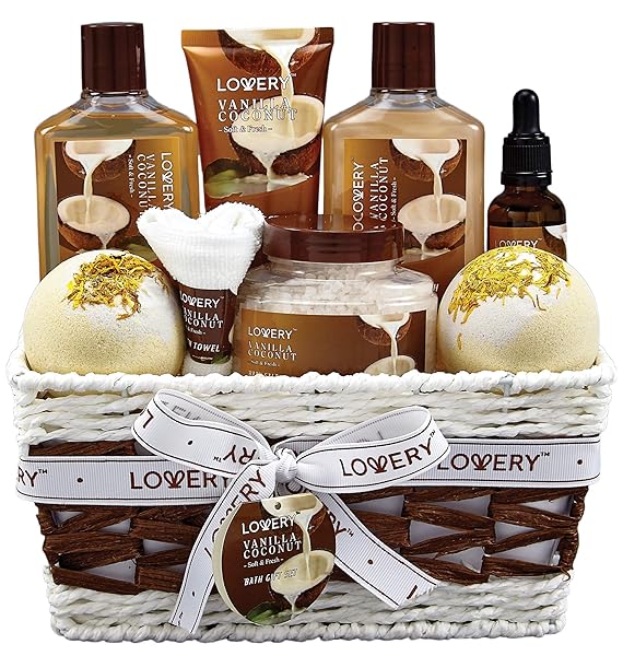 Gifts For Women Gift Basket for Women– 9 Piece Set of Vanilla Coconut Home Spa Set, Luxurious Valentines Day Gifts for Her, Bath and Body Sets Includes Fragrant Lotions, Large Bath Bombs, Coconut Oil
