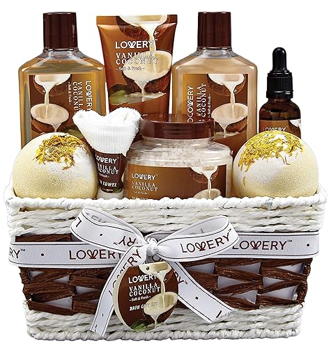 Gifts For Women Gift Basket for Women– 9 Piece Set of Vanilla Coconut Home Spa Set, Includes Fragrant Lotions, Extra Large Bath Bombs, Coconut Oil, Luxurious Bath Towel & More - Vanilla Coconut