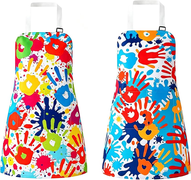 2 Pack Kids Art Aprons for Boys Girls, Adjustable Painting Aprons with Pockets for Back to School Classroom Art Projects Toddler Painting Craft Baking Colorful Handprint Splash Print