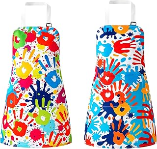 2 Pack Kids Art Aprons for Boys Girls, Adjustable Painting Aprons with Pockets for Back to School Classroom Art Projects Toddler Painting Craft Baking Colorful Handprint Splash Print