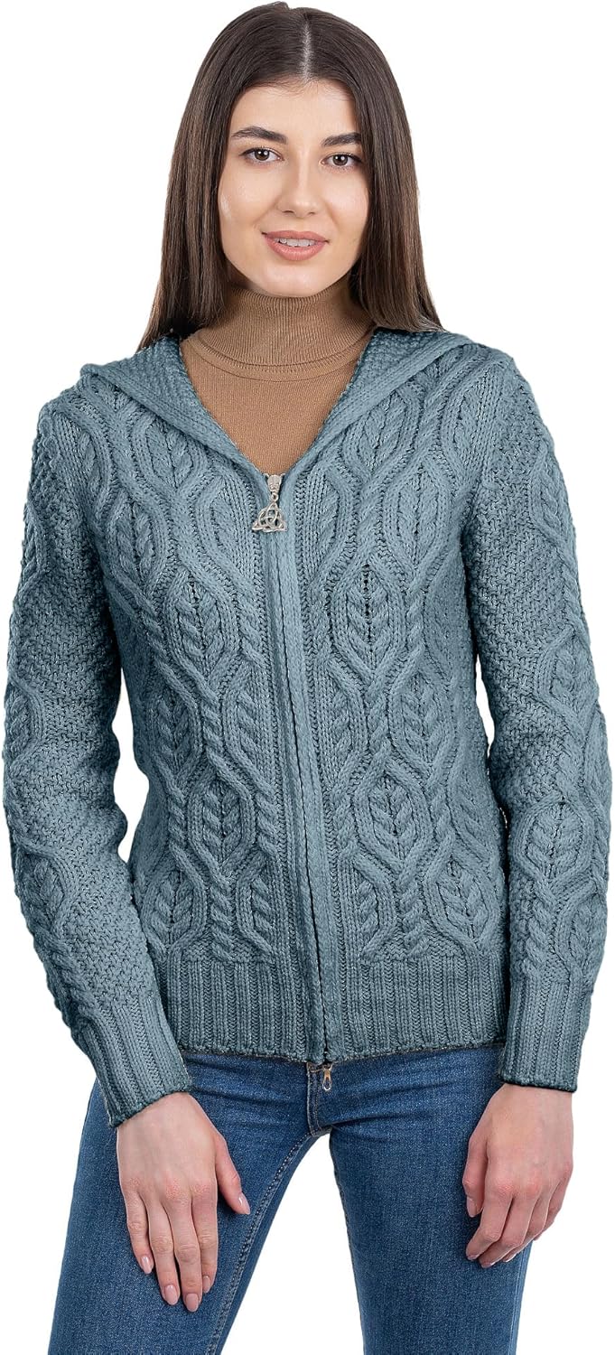 SAOL Women’s Hooded Zip Cardigan – Pure Merino Wool Irish Sweater – Warm & Breathable Outer Layer