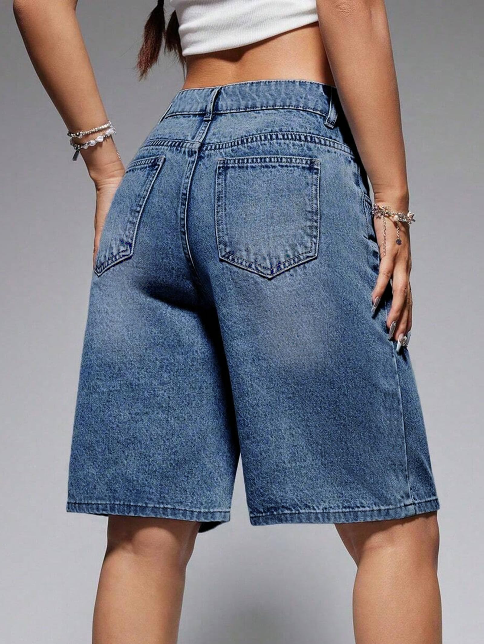 EMMIOL Women's Baggy Jeans Shorts, Mid-Low Waist, Stretch Denim, Summer Shorts
